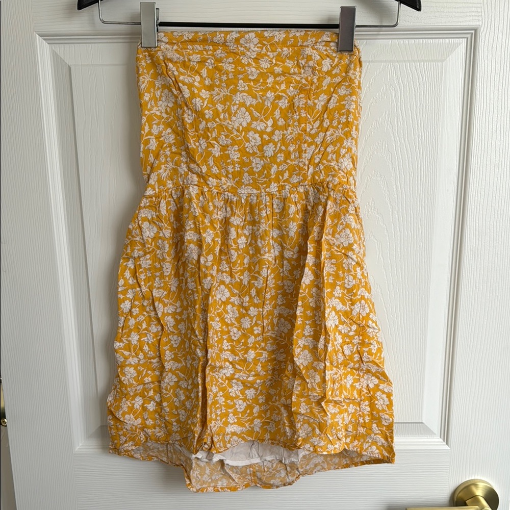Yellow Floral Strapless A-Line Summer Dress Smocked Back